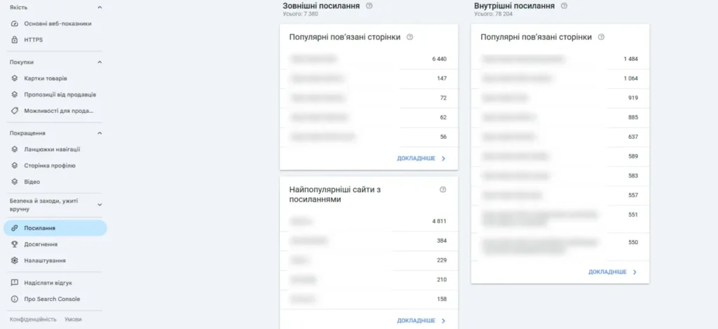 Google Search Console - отчет о внешних ссылках сайта