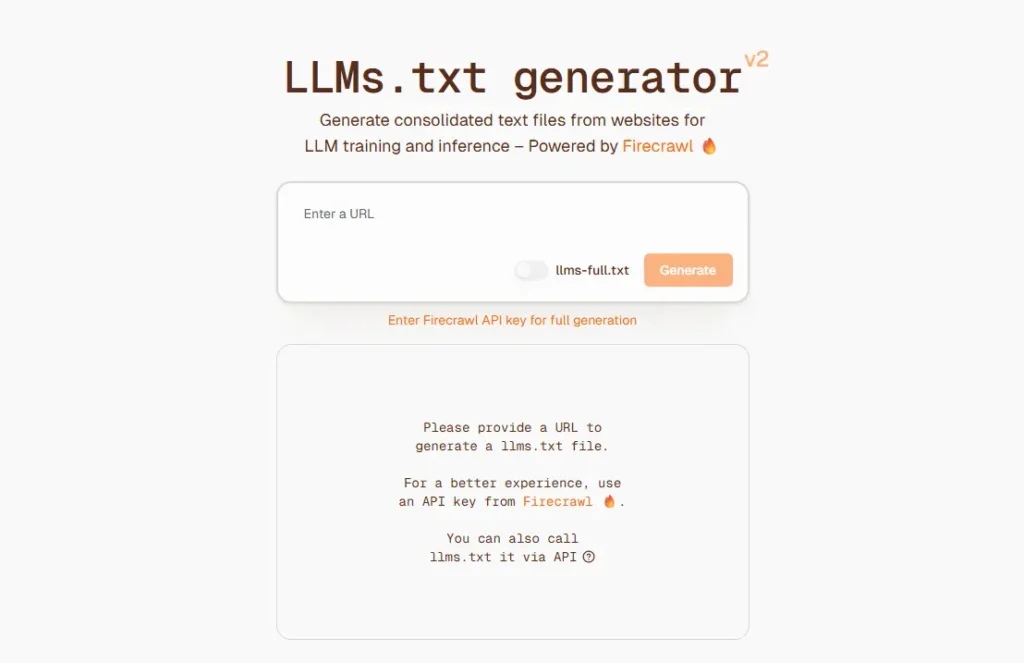 Firecrawl tool for automatic LLMS.txt generation based on website data