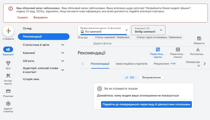 Уведомление Google Ads об отклонении апелляции по категории «Неприемлемые бизнес-модели» и блокировке аккаунта