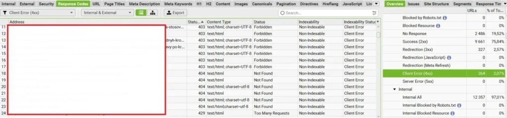 Пошук битих посилань та сторінок з кодом відповіді 404 у Screaming Frog SEO Spider