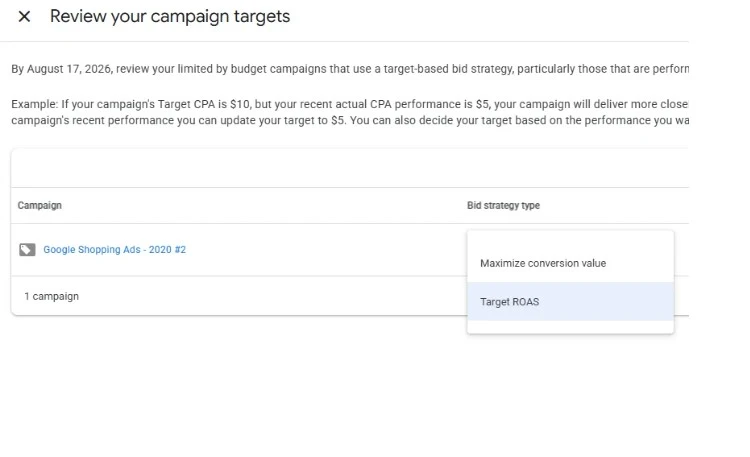Рекомендация Google Ads пересмотреть цели кампаний с целевой стратегией назначения ставок